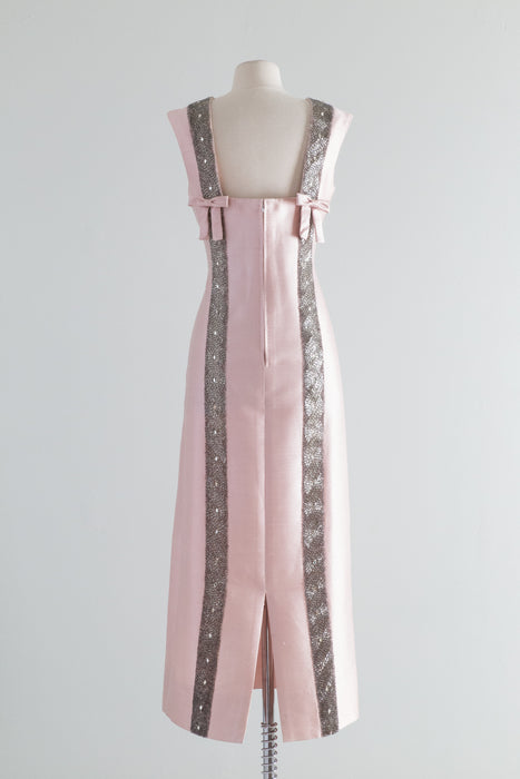 Elegant 1960's Pink Shantung Silk Beaded Evening Gown / Medium