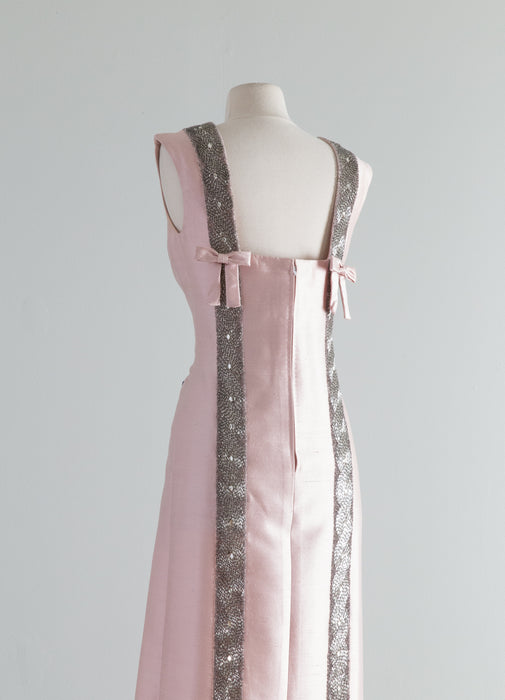 Elegant 1960's Pink Shantung Silk Beaded Evening Gown / Medium