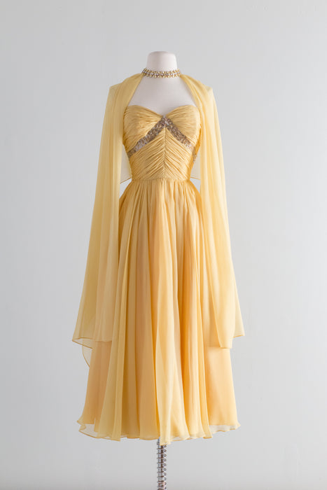 1950's Sunbeam Silk Chiffon Strapless Dress By Frank Starr / Waist 24"