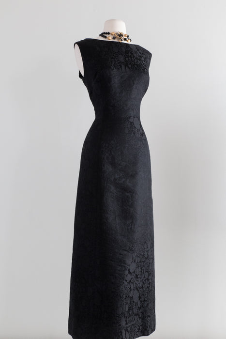 Elegant 1960's Black Silk Jacquard Evening Gown With Square Back / Waist 31