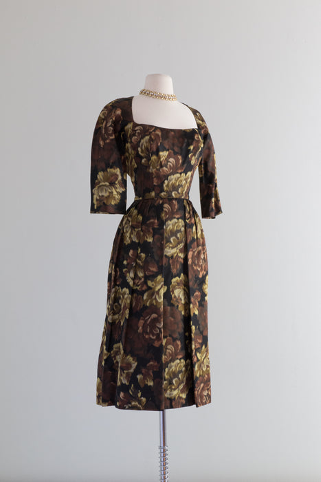 Early 1950's Dark Silk Floral Print Cocktail Dress / Waist 30