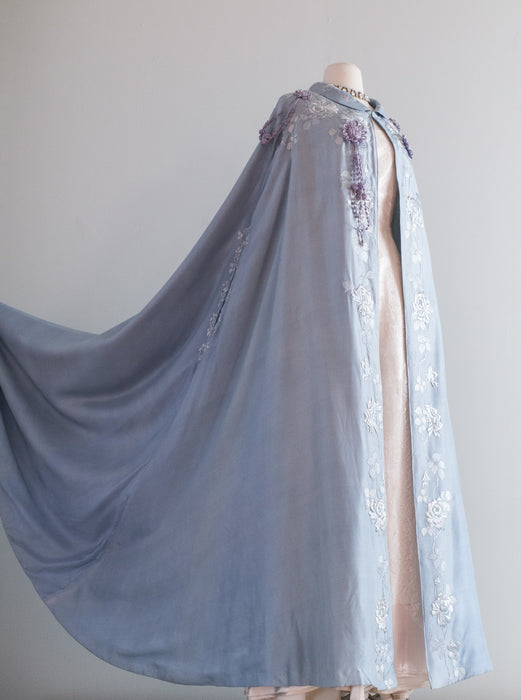 Rare Antique Edwardian 1910s Embroidered Blue Silk Cantonese Embroidered Cape