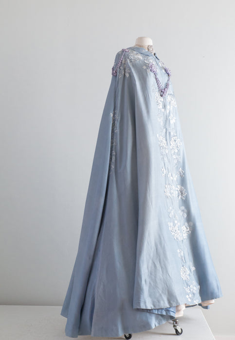 Rare Antique Edwardian 1910s Embroidered Blue Silk Cantonese Embroidered Cape