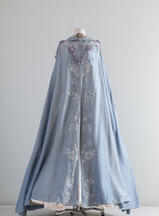 Rare Antique Edwardian 1910s Embroidered Blue Silk Cantonese Embroidered Cape