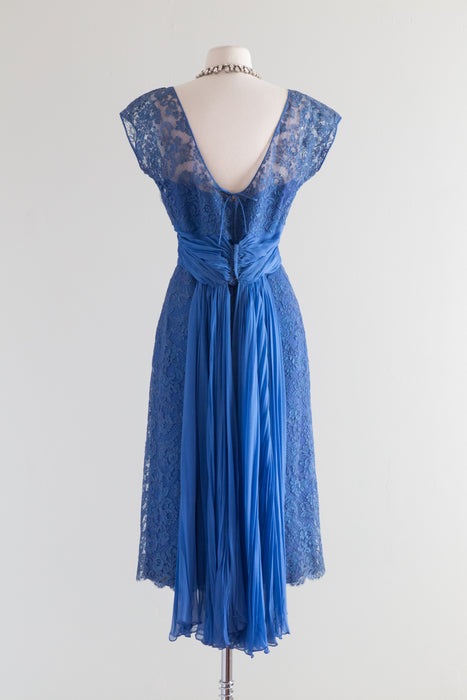 1950's Fine French Lace Cocktail Dress in Cobalt Blue By Gothe' / Waist 28