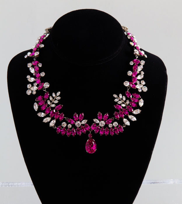 Stunning 1950's Vintage Shocking Pink Rhinestone Statement Necklace From Austria