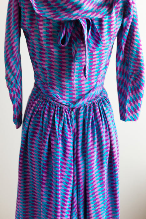 1940's Nettie Rosenstein Abstract Silk Dress With Dramatic Tie Back / Small