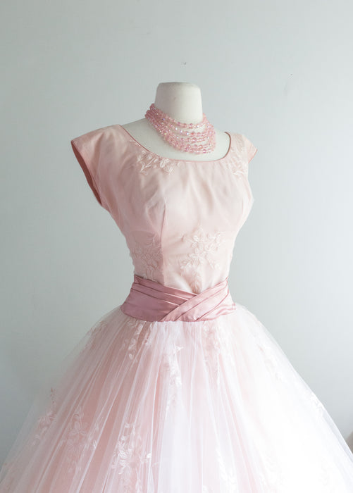 1950's Pretty In Pink Embroidered Tulle Party Dress With Big Bow / Waist 25-26