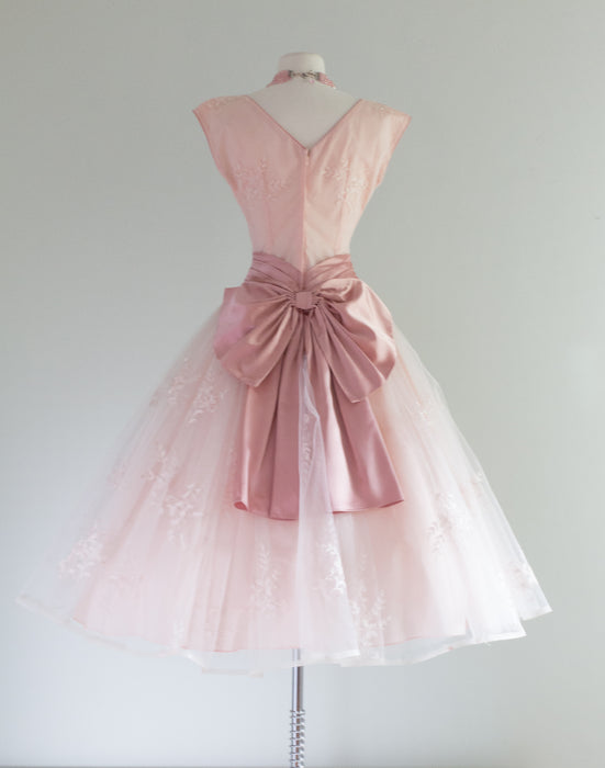 1950's Pretty In Pink Embroidered Tulle Party Dress With Big Bow / Waist 25-26