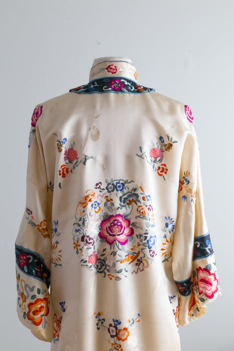 Vintage Ivory Silk Chinese Embroidered Robe With Floral Motifs / Medium