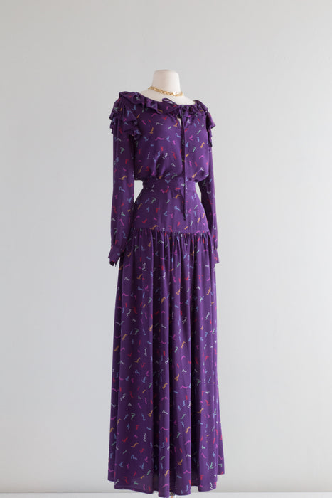 Vintage Saks Fifth Avenue 1970's Purple Silk Ruffled Top & Skirt Set // Small