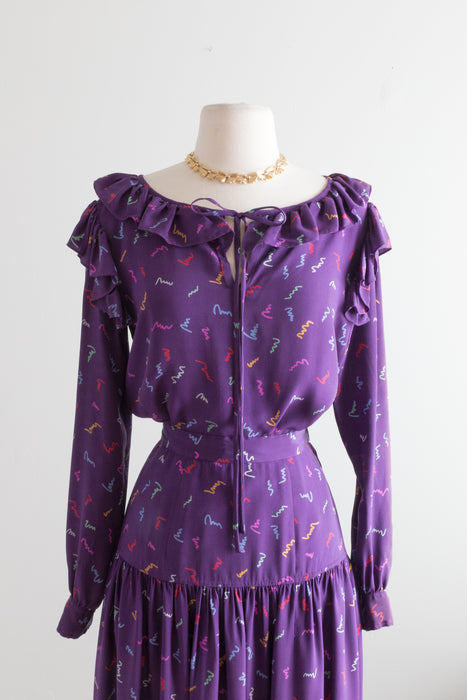 Vintage Saks Fifth Avenue 1970's Purple Silk Ruffled Top & Skirt Set // Small