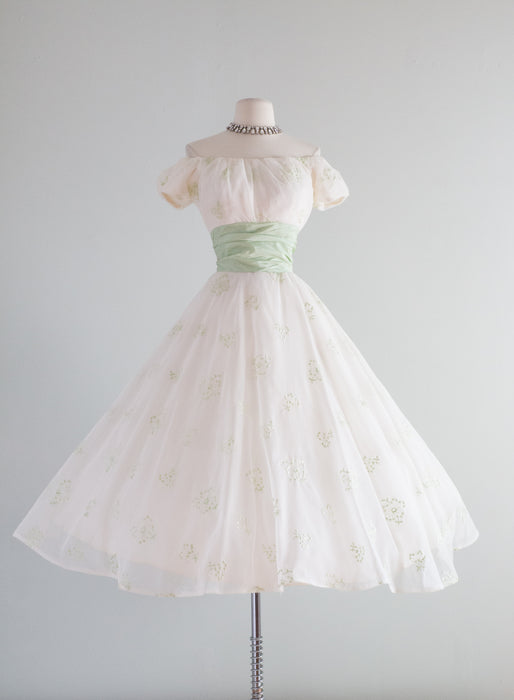 1950's Party Dress With Celadon Green Bow and Embroidery / Waist 24"