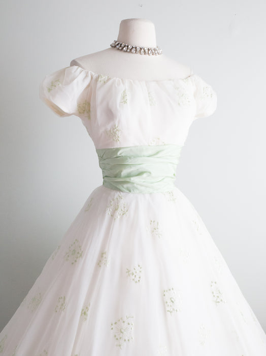 1950's Party Dress With Celadon Green Bow and Embroidery / Waist 24"