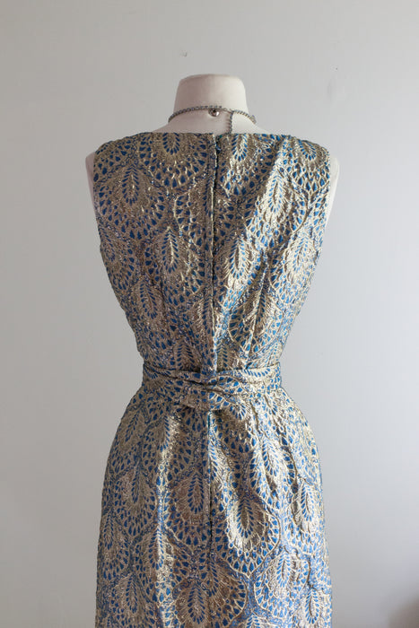 1960's Peacock Blue and Gold Brocade Cocktail Dress / Small