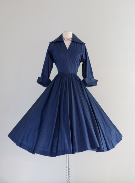 1950's Classic Midnight Blue New Look Era Wrap Dress / Waist 28"