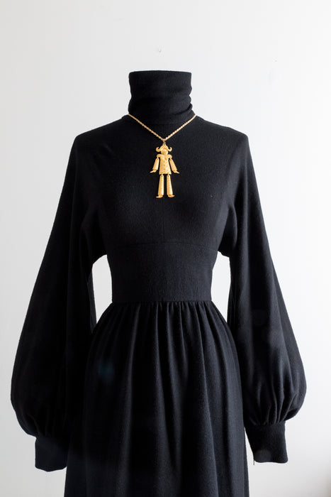 Copy of Wicked 1970's Black Wool Jersey Dress With Bishop Sleeves  / S-M