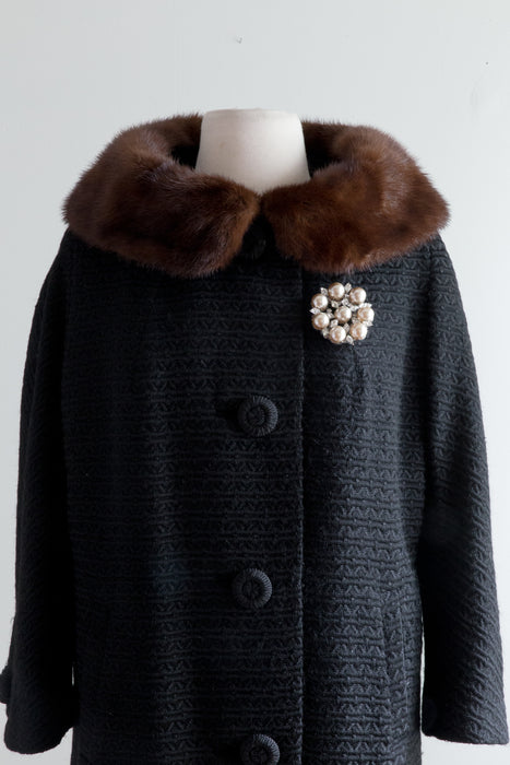 Elegant Early 1960's Woven Wool Cocoon Coat With Mink Collar / Med