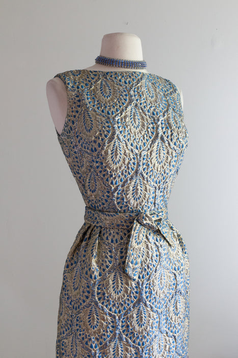 1960's Peacock Blue and Gold Brocade Cocktail Dress / Small