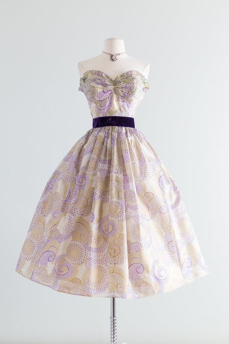 Vintage 1950's Delicate Metallic Gold & Purple Strapless Party Dress / Waist 25"