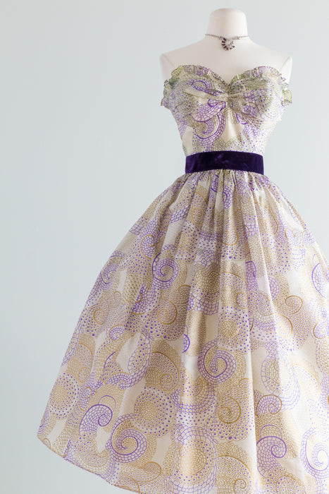 Vintage 1950's Delicate Metallic Gold & Purple Strapless Party Dress / Xtabay Vintage Vintage 1950's Delicate Metallic Gold & Purple Strapless Party Dress / Xtabay Vintage