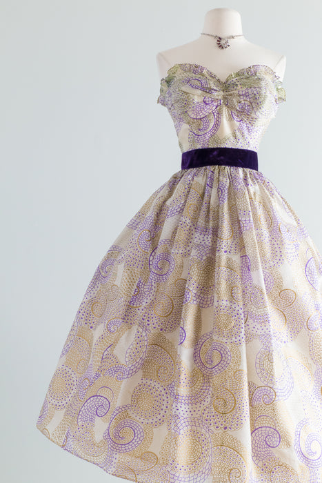 Vintage 1950's Delicate Metallic Gold & Purple Strapless Party Dress / Waist 25"