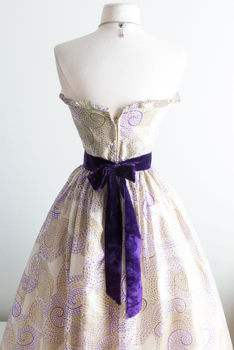 Vintage 1950's Delicate Metallic Gold & Purple Strapless Party Dress / Xtabay Vintage Vintage 1950's Delicate Metallic Gold & Purple Strapless Party Dress / Xtabay Vintage