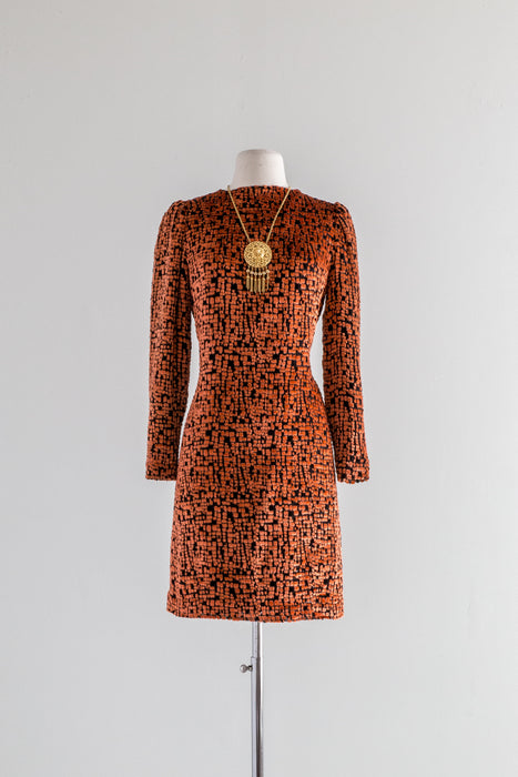 Chic 1970s Silk Velvet Dress In Flaming Orange & Black / Small