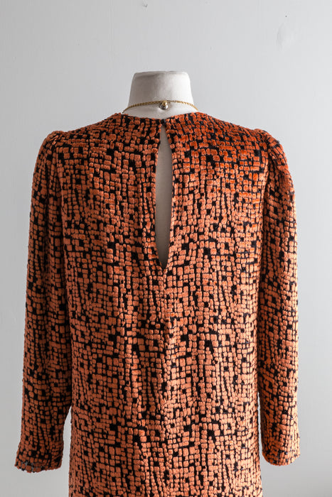 Chic 1970s Silk Velvet Dress In Flaming Orange & Black / Small