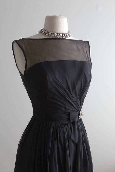1960's Audrey Hepburn Little Black Chiffon Cocktail Dress / XS