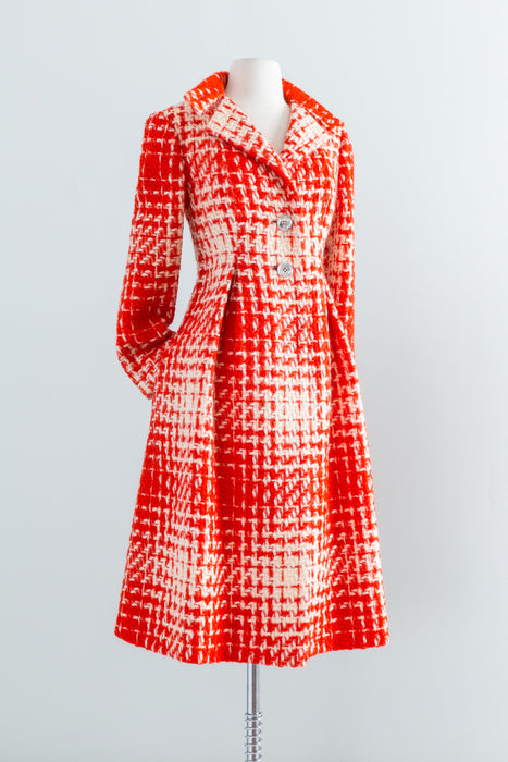 Iconic 1971 Pauline Trigere Wool Tomato Houndstooth Coat / Medium