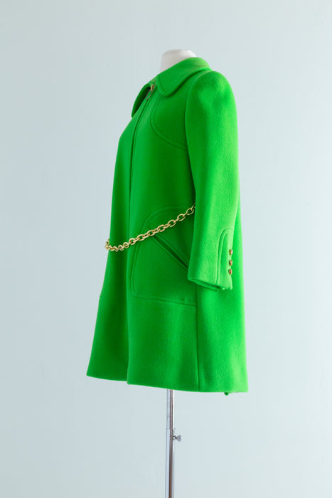 Fabulous 1960s Mod A-Line Coat In Kermit Green / Small