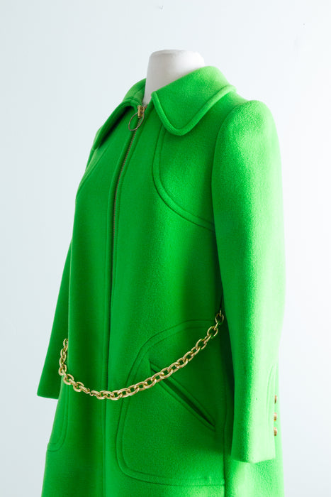 Fabulous 1960s Mod A-Line Coat In Kermit Green / Small