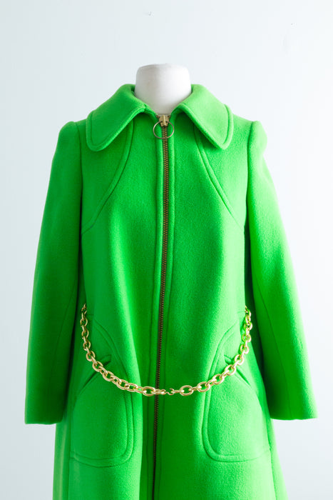 Fabulous 1960s Mod A-Line Coat In Kermit Green / Small