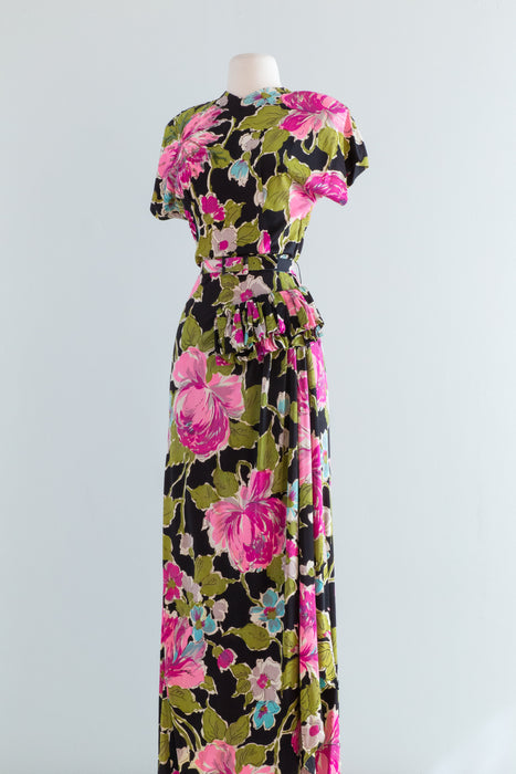 Stunning 1940’s Peony Print Rayon Jersey Evening Gown / XS