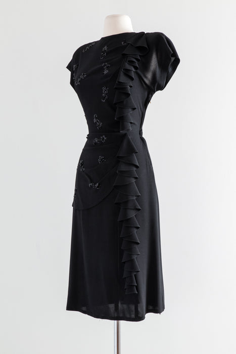 Fabulous 1940’s Black Cocktail Dress With Ruffled Side and Sequins / Small