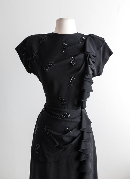 Fabulous 1940’s Black Cocktail Dress With Ruffled Side and Sequins / Small