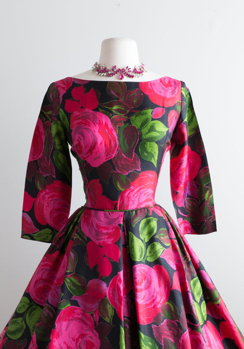 Iconic Late 1950's Silk Rose Print Cocktail Dress / Waist 26