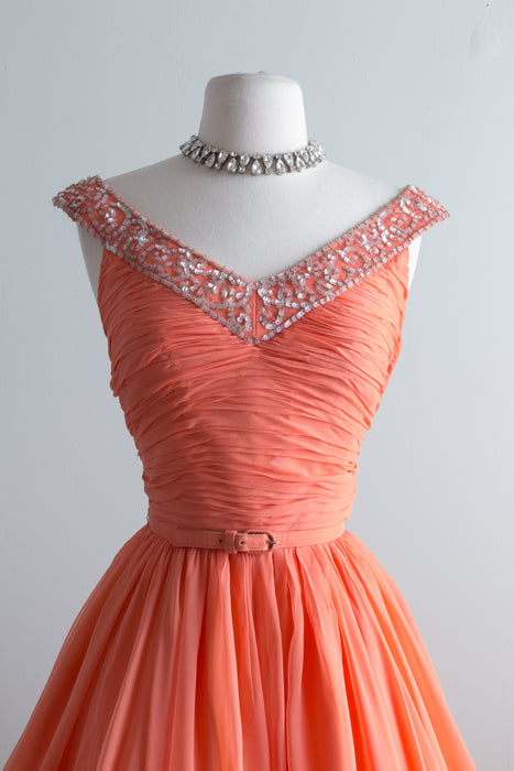 Fabulous Coral Splendor 1950's Silk Chiffon Frank Starr Party Dress / Waist 26