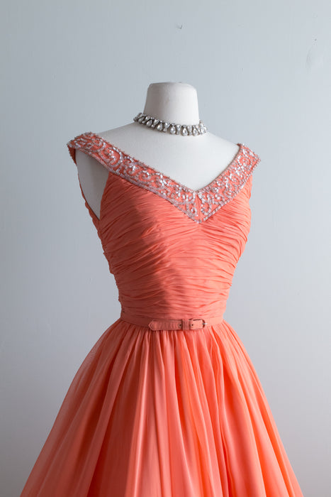 Fabulous Coral Splendor 1950's Silk Chiffon Frank Starr Party Dress / Waist 26