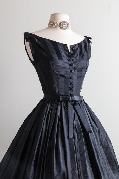 Divine 1950's Black Striped Party Dress By Lanz  / Waist 24"