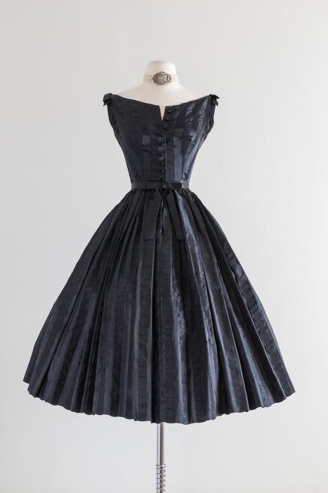 Divine 1950's Black Striped Party Dress By Lanz  / Waist 24"
