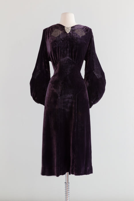 1930's Aubergine Silk Velvet Dress With Burnout Velvet Bishop Sleeves / Large