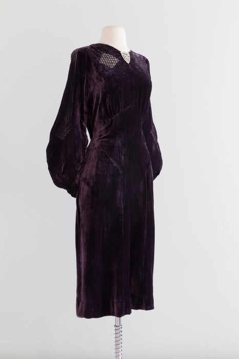 1930's Aubergine Silk Velvet Dress With Burnout Velvet Bishop Sleeves / Large