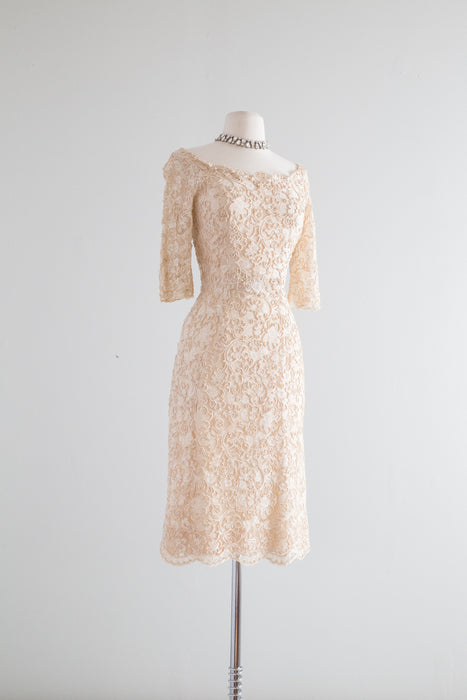 1950's Fine Corded Lace Fitted Cocktail Dress / Waist 27"
