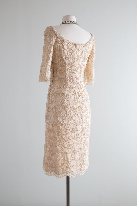 1950's Fine Corded Lace Fitted Cocktail Dress / Waist 27"