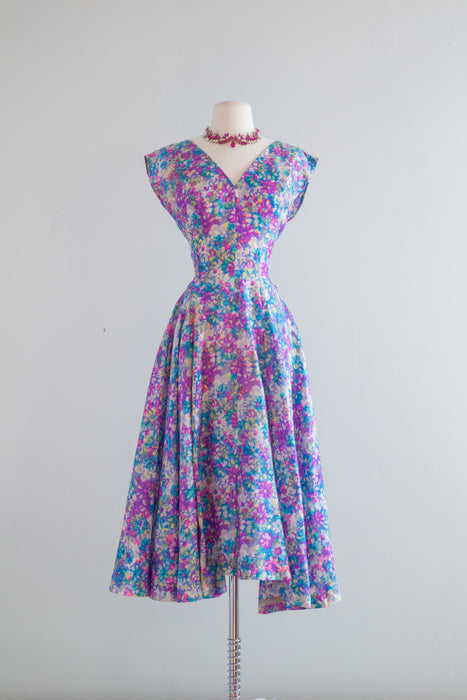 Early 1950's New Look Silk Watercolor Floral Dress By Madeleine Fauth / Waist 26