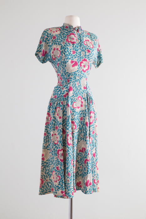1940's Pink & Blue Rayon Floral Print Dress / Waist 26"