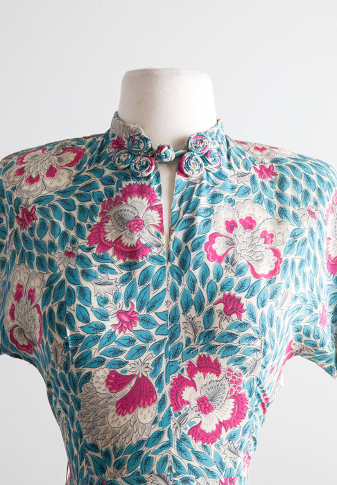 1940's Pink & Blue Rayon Floral Print Dress / Waist 26"