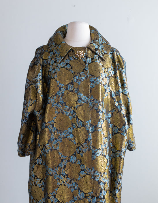 1950's Golden Rose Brocade Lamé Silk Evening Coat / Med.